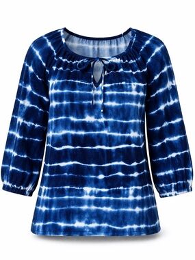 Jones New York Blue/White Tie-Dyed Puff 3/4 Sleeve Drawstring Neckline Knit Top